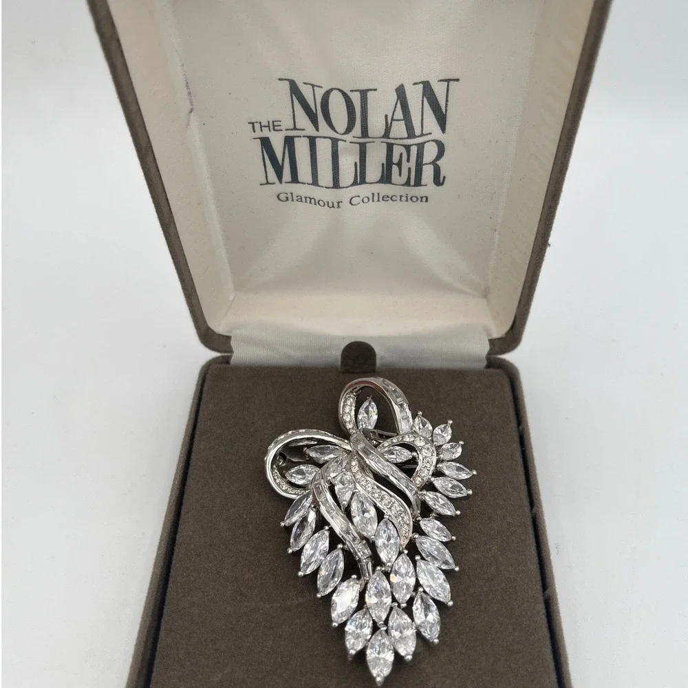 Nolan Miller Glamour Collection Silver Tone Marquise CZ Spray Brooch Pin Org box